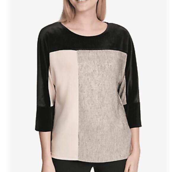 Calvin Klein Mixed Media Colorblock Velvet Blouse Metallic Gold Black Small - Picture 1 of 2
